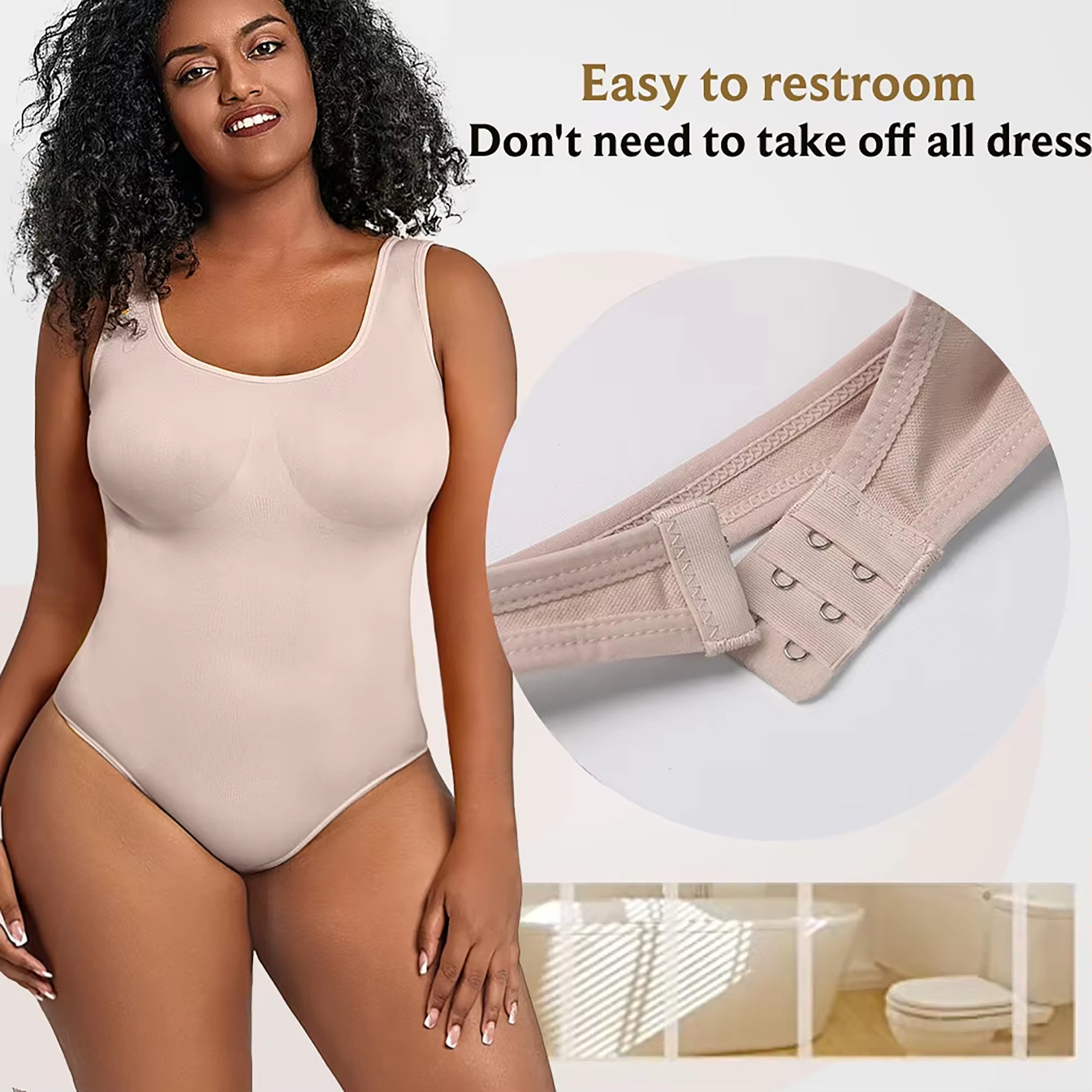 Woman wearing a beige bodysuit with close-up of the waistband and bathroom setting.