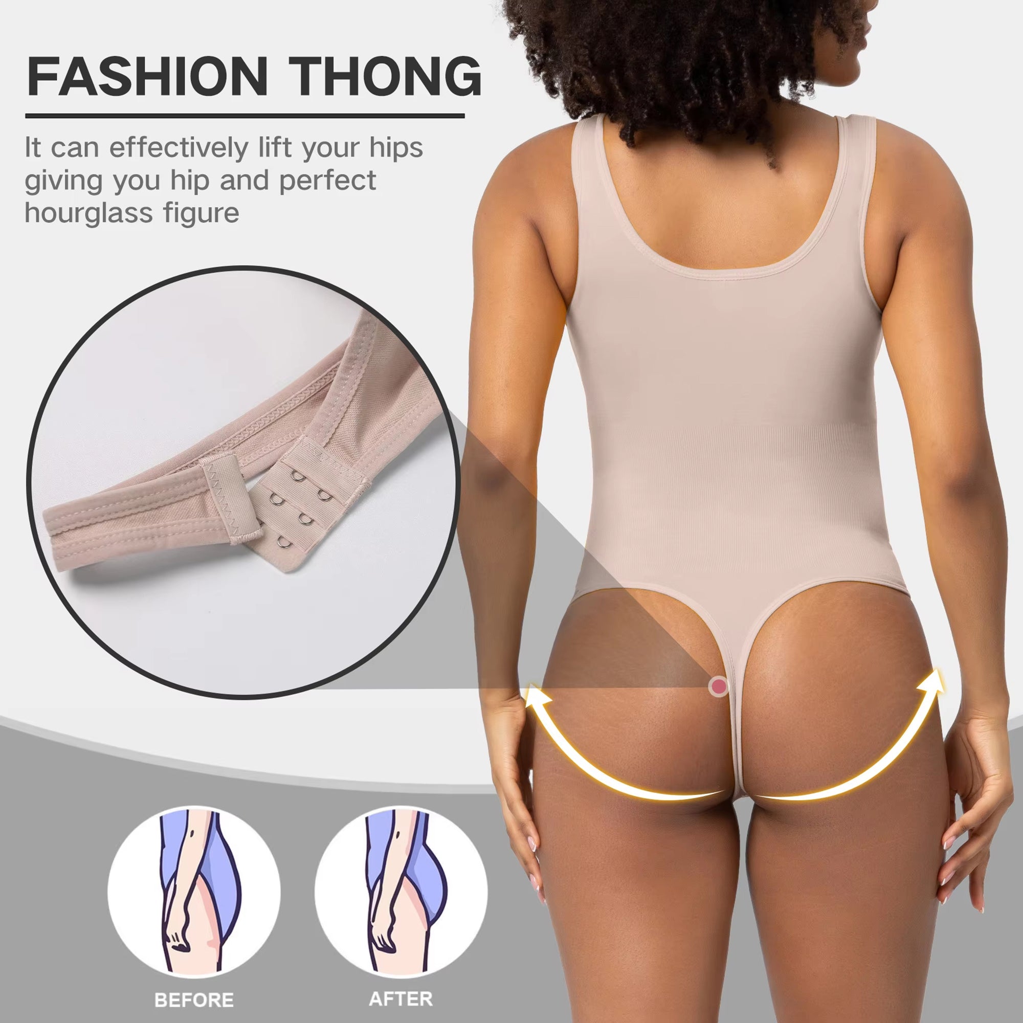 Beige fashion thong worn by a model with text highlighting its benefits on a gray background.
