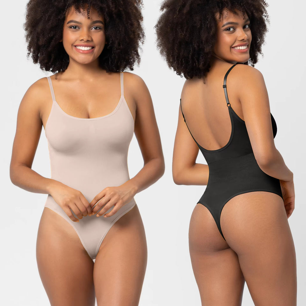 Woman wearing a beige bodysuit on the left and a black bodysuit on the right against a white background.